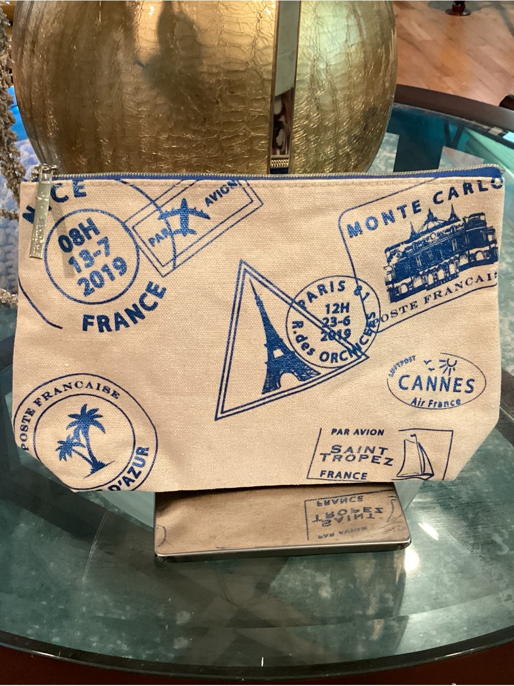 Lancome Canvas Cosmetic Pouch with Blue Travel Stamp Print